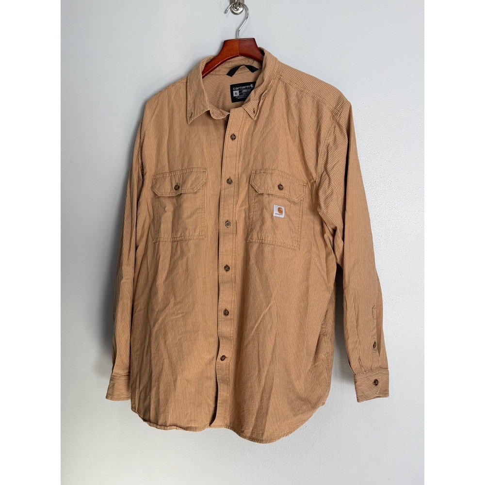 Carhartt Mens XL Loose Fit Striped Long Sleeve Button Down Work Shirt Brown - Picture 1 of 9